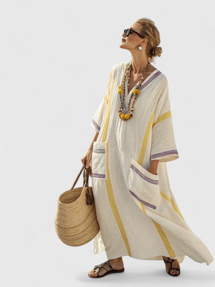 Effortless Striped Kaftan Maxi Dress for Women with V-Neck Tassel Trim Side Slit Beach Style