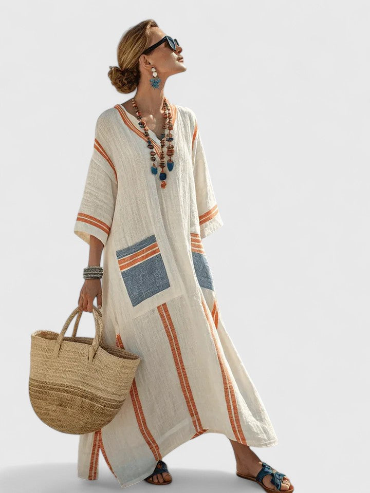 Effortless Striped Kaftan Maxi Dress for Women with V-Neck Tassel Trim Side Slit Beach Style