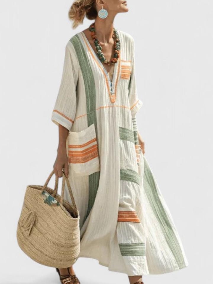 Effortless Striped Kaftan Maxi Dress for Women with V-Neck Tassel Trim Side Slit Beach Style