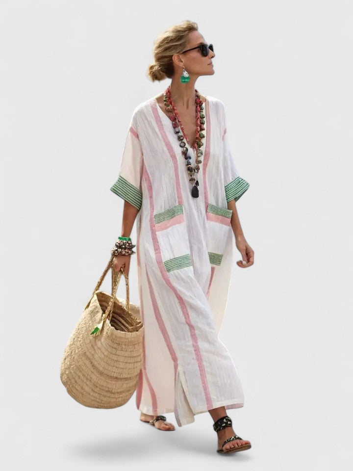 Effortless Striped Kaftan Maxi Dress for Women with V-Neck Tassel Trim Side Slit Beach Style