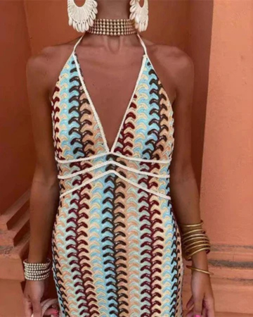 Elegant Multicolor Knit Maxi Dress for Women with Halter Neck Backless Striped Bodycon Style