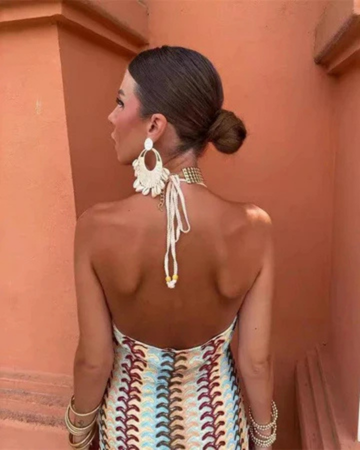 Elegant Multicolor Knit Maxi Dress for Women with Halter Neck Backless Striped Bodycon Style
