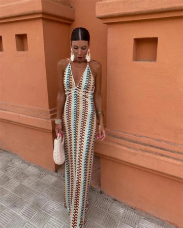 Elegant Multicolor Knit Maxi Dress for Women with Halter Neck Backless Striped Bodycon Style