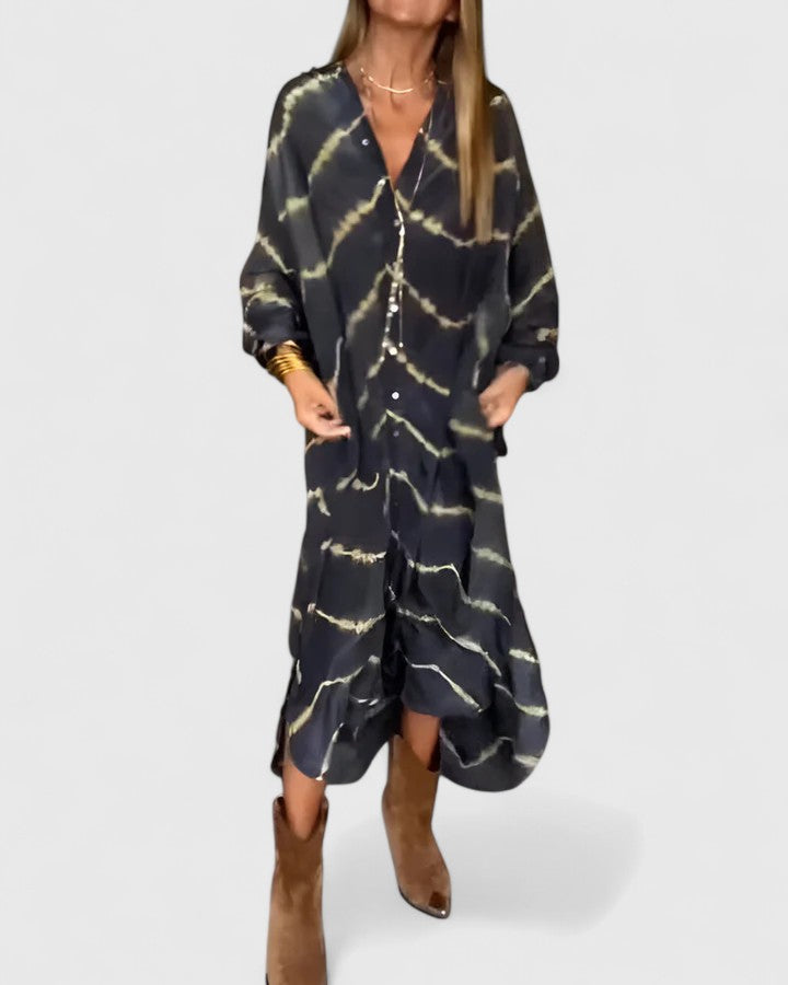 Isla | Black Satin Wave Print Oversized Button Down Shirt Dress