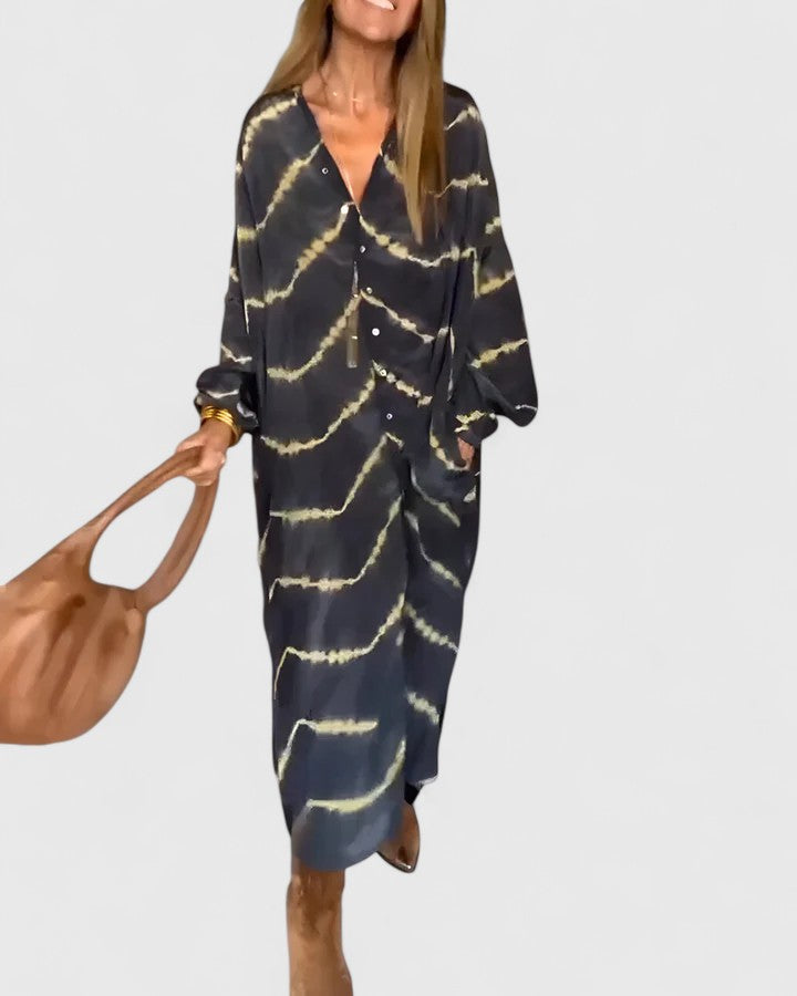 Isla | Black Satin Wave Print Oversized Button Down Shirt Dress