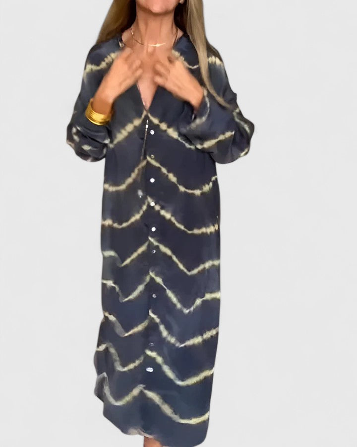 Isla | Black Satin Wave Print Oversized Button Down Shirt Dress