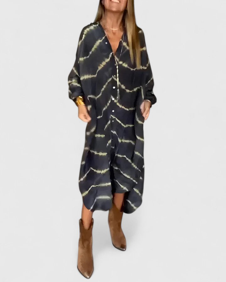 Isla | Black Satin Wave Print Oversized Button Down Shirt Dress