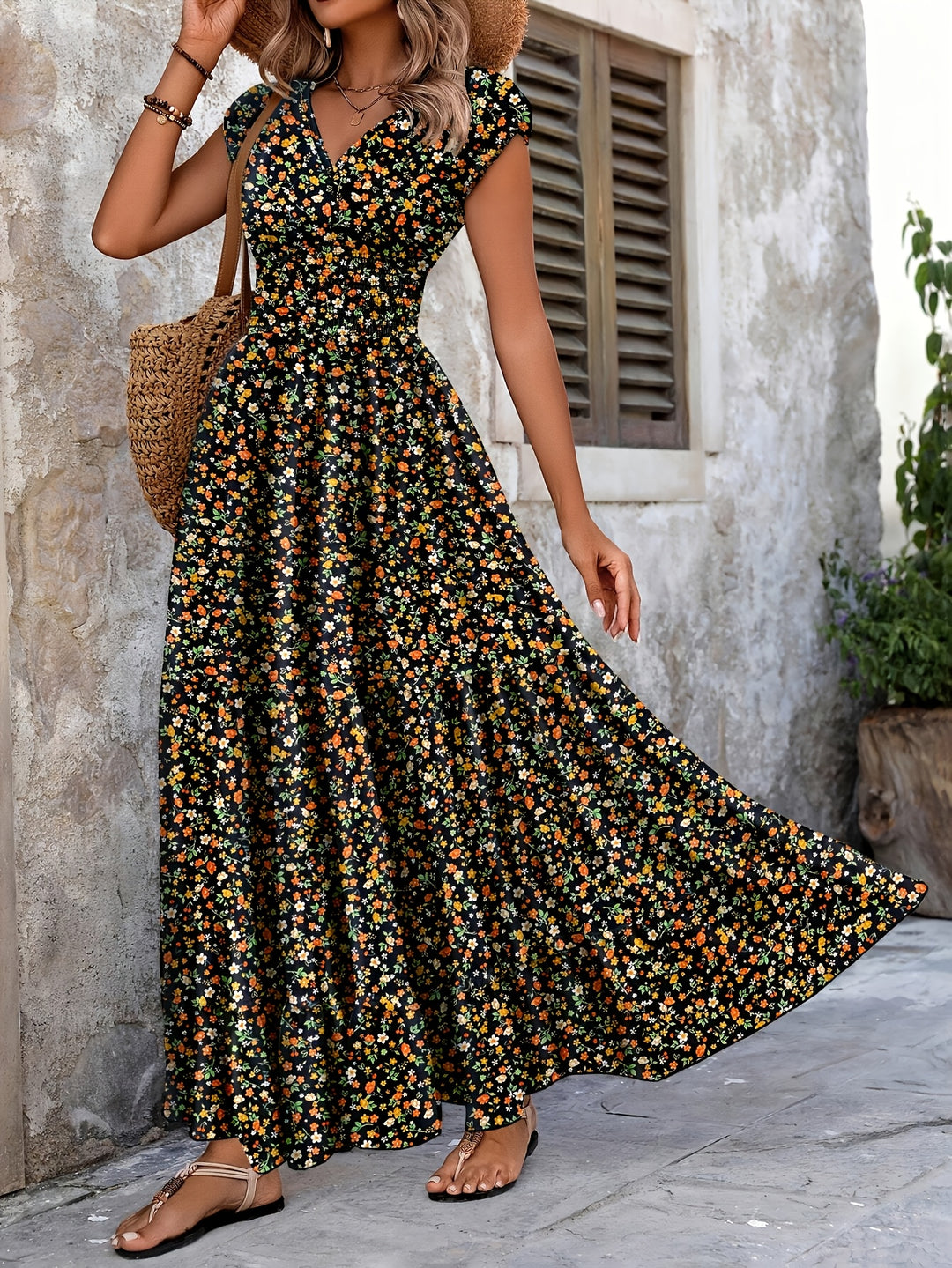 Women's Ditsy Floral Smocked Tiered Maxi Boho Dress