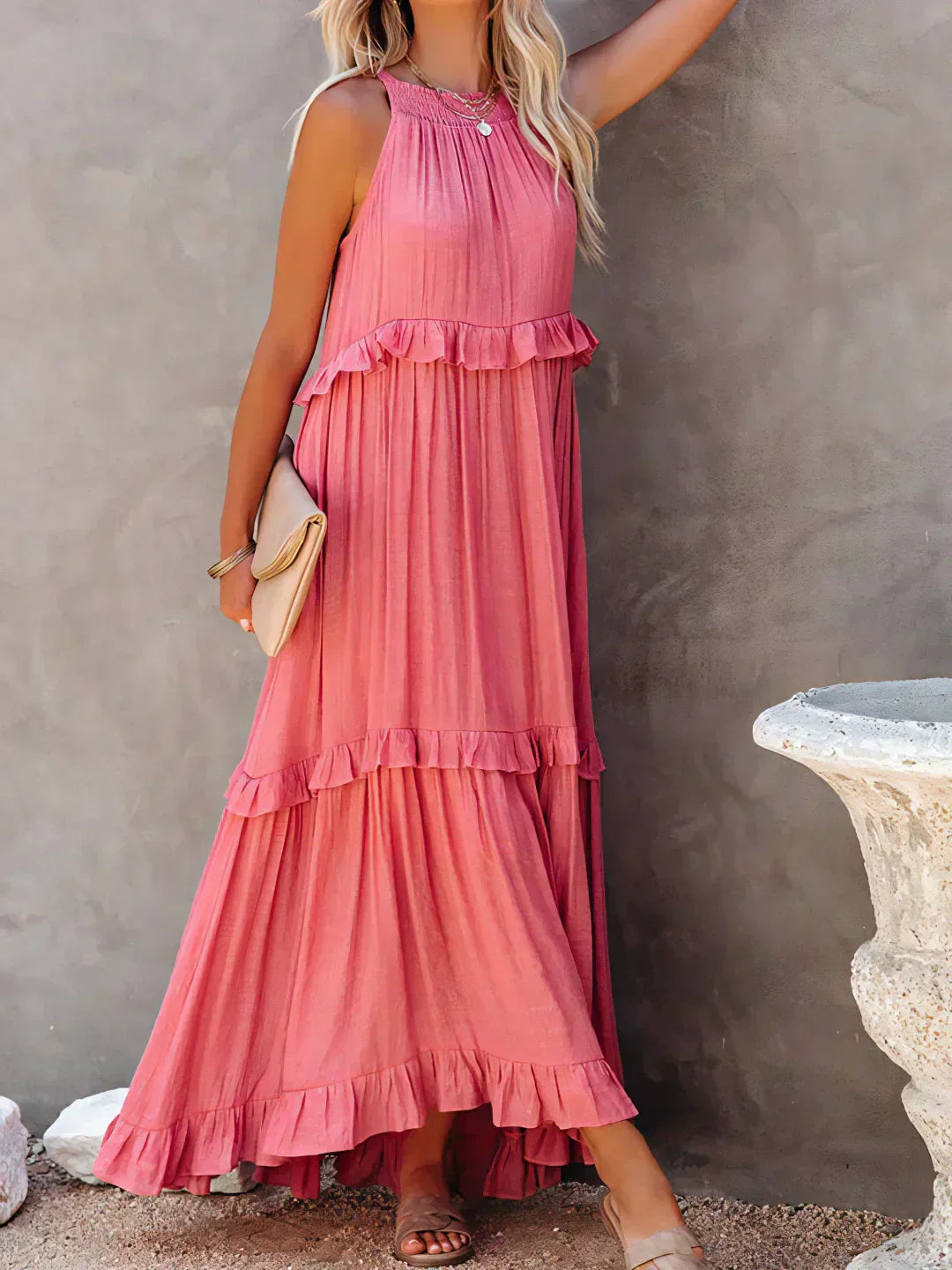 Elegant Tiered Chiffon Maxi Cocktail Dress for Women with Halter Neckline Ruffle Layers Flowing Skirt