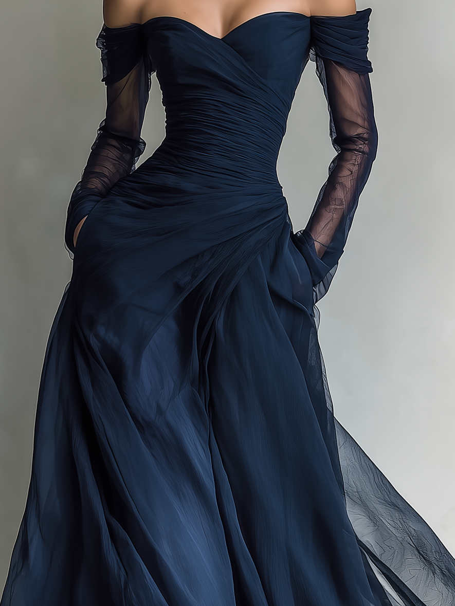 Serena | Formal Wedding Guest Dresses for Women Off Shoulder Sheer Sleeve Chiffon Maxi Style