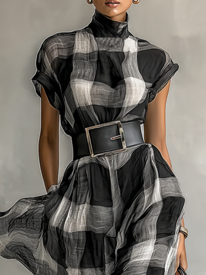Tatum | Black Plaid Mock Neck Belt Waist Flared Maxi Dress