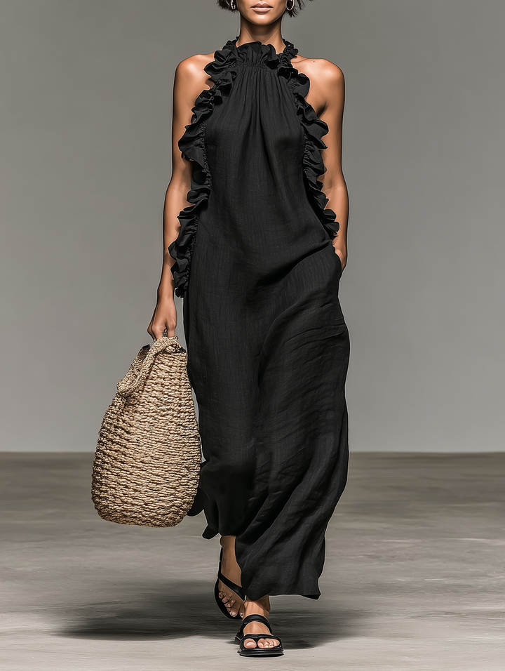 Jasmine | Linen Ruffle Halter Neck Sleeveless Maxi Dress for Women