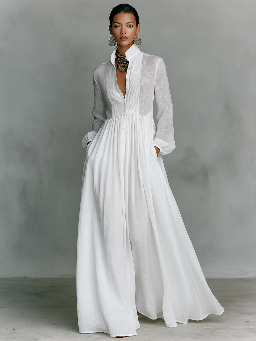 Lauren | Linen Stand Collar Pleated Maxi Dress for Women