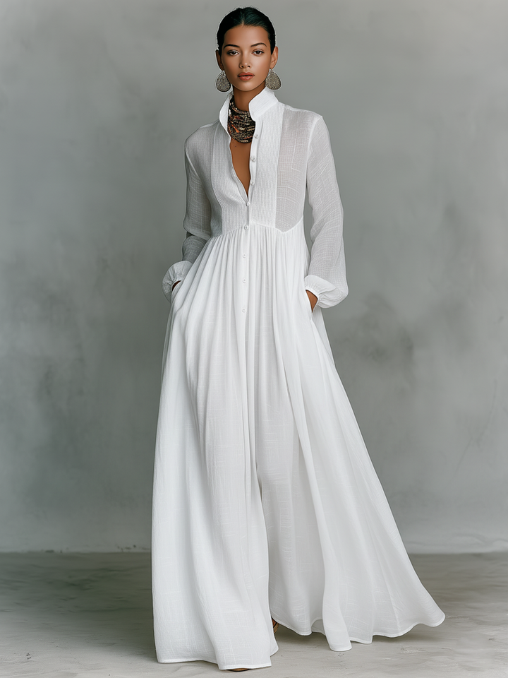 Lauren | Linen Stand Collar Pleated Maxi Dress for Women