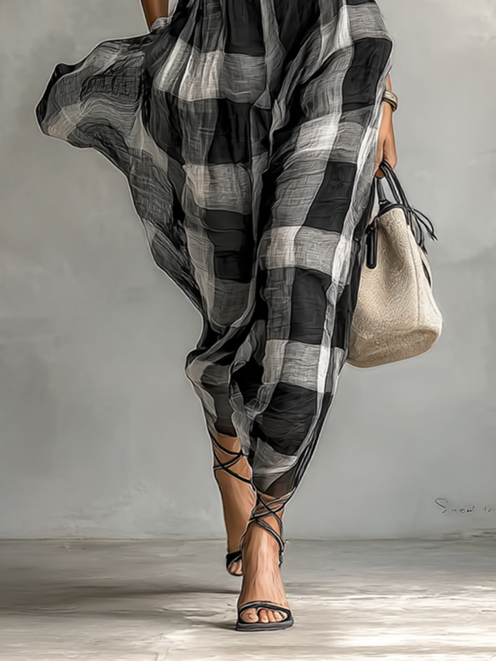 Tatum | Black Plaid Mock Neck Belt Waist Flared Maxi Dress