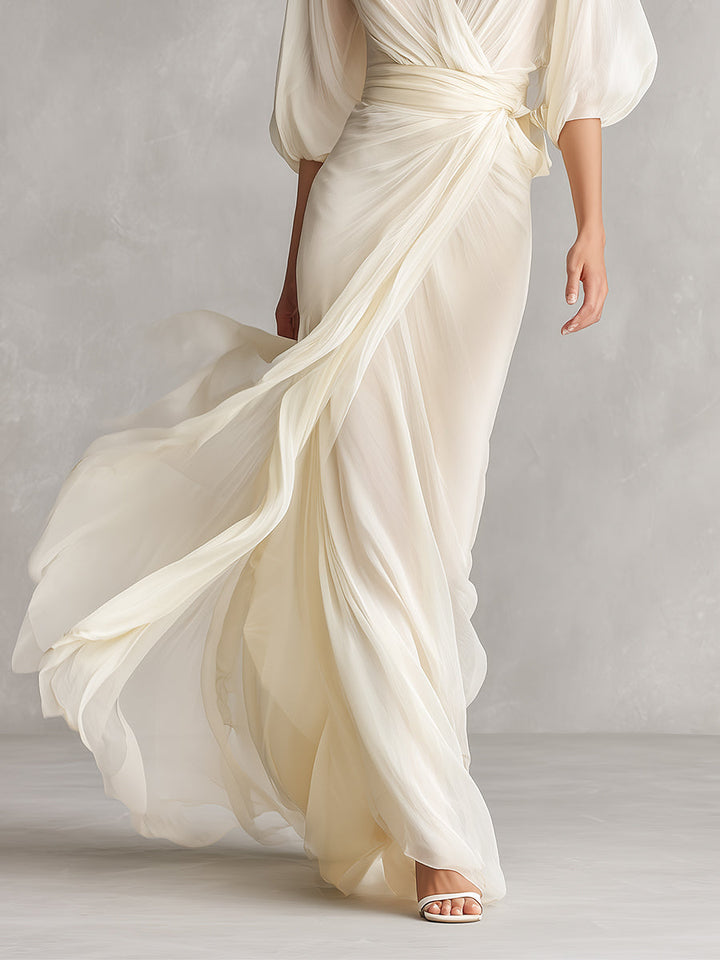Celeste | Ivory Chiffon Wrap V Neck Puff Sleeve Formal Maxi Dress