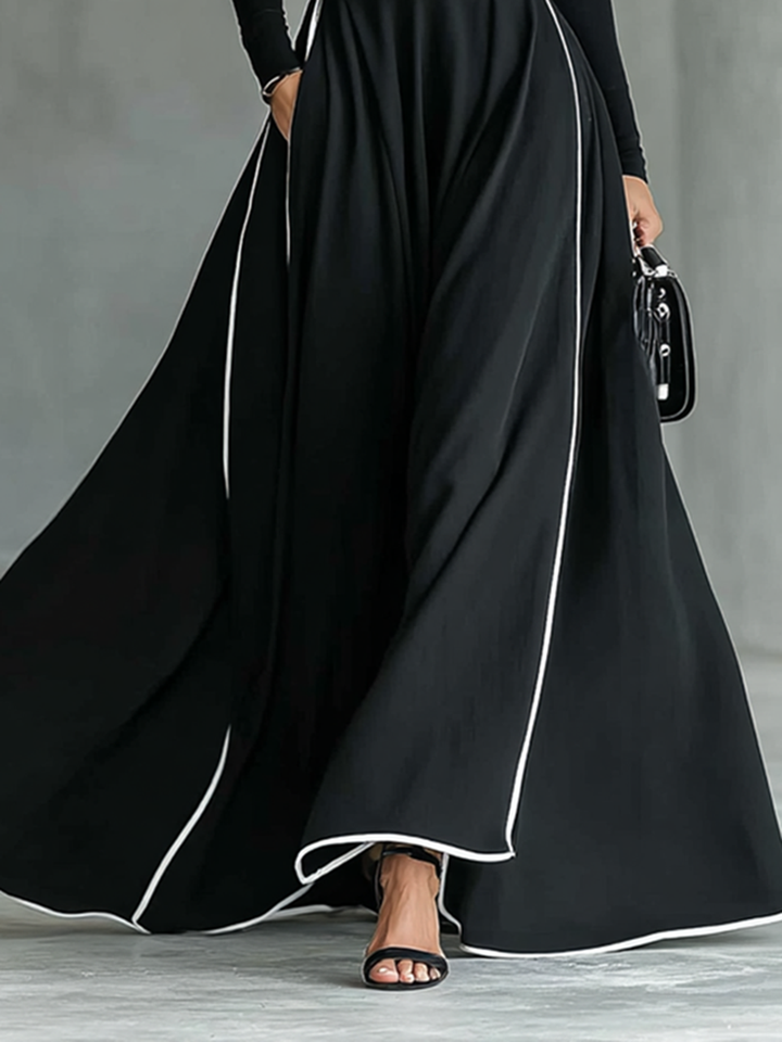 Reese | Turtleneck White Trim Belt Waist Flared Maxi Dress