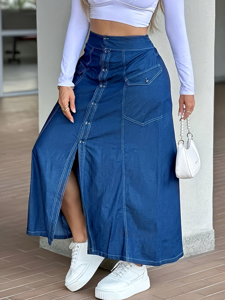 Women's Blue Denim High Waist Front Slit Maxi Long Skirt