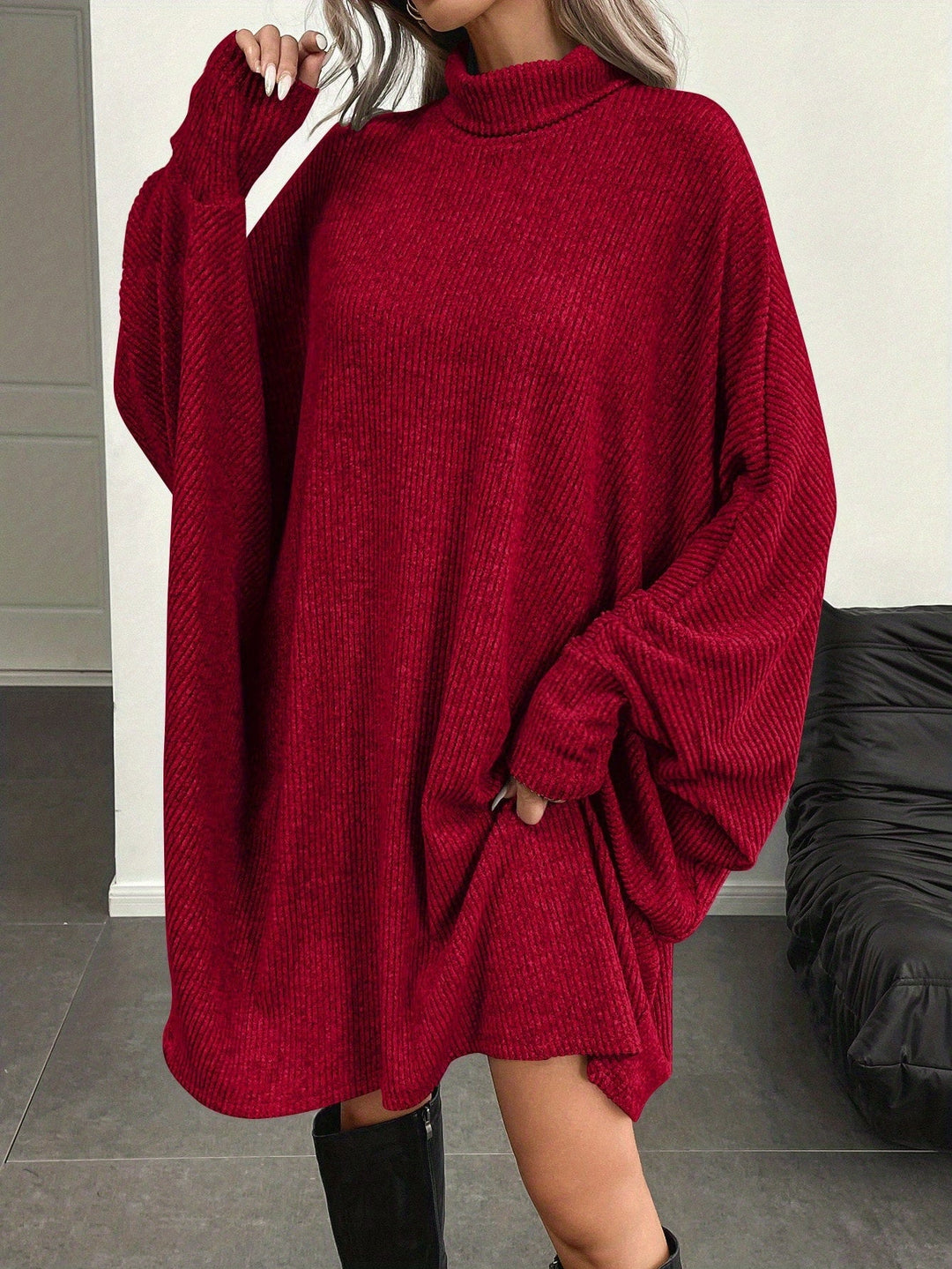 Comfortable Ribbed Knit Sweater Dress for Women with Mock Neck Batwing Sleeve Relaxed Oversized Knit Style