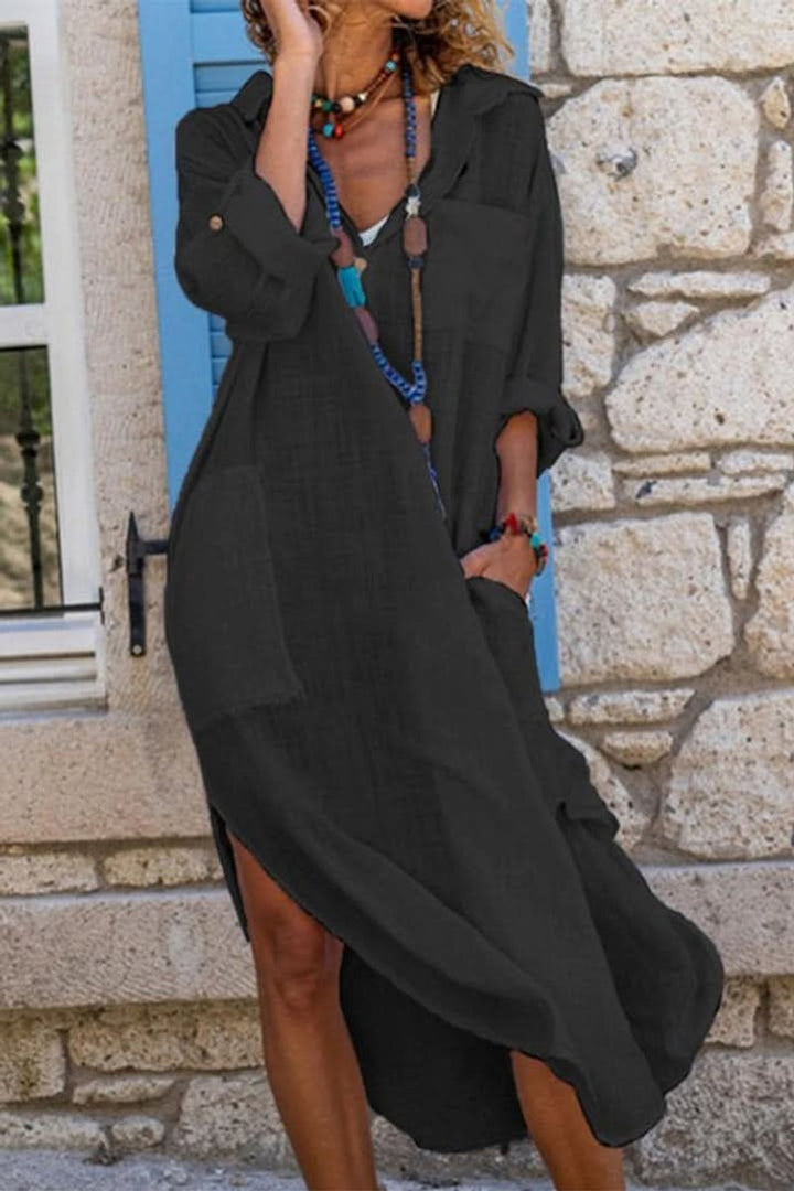 Effortless Cotton Kaftan Maxi Dress for Women with V Neck Long Sleeve Side Slit Beach Cover Up Style