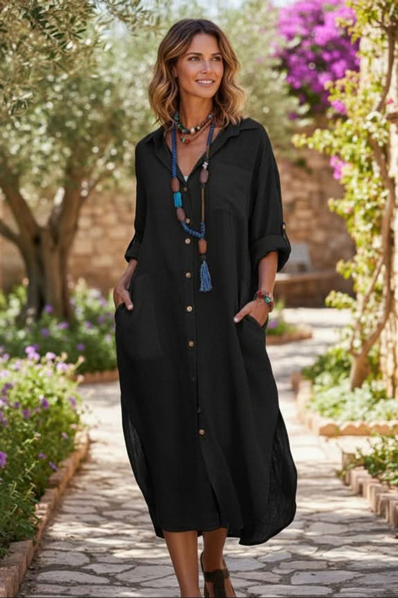 Effortless Cotton Kaftan Maxi Dress for Women with V Neck Long Sleeve Side Slit Beach Cover Up Style