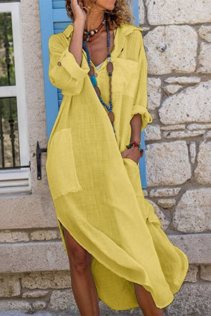 Effortless Cotton Kaftan Maxi Dress for Women with V Neck Long Sleeve Side Slit Beach Cover Up Style