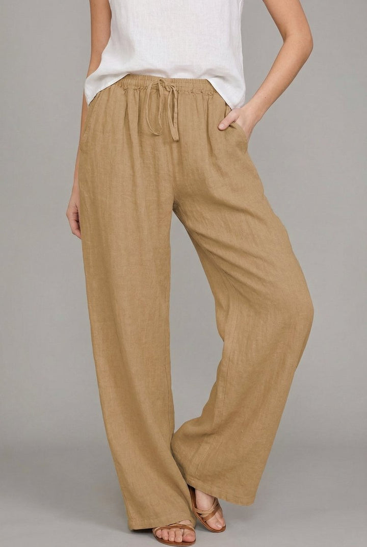 Effortless Linen Wide Leg Pants for Women with High Waist Drawstring Elastic Side Pocket Relaxed Style