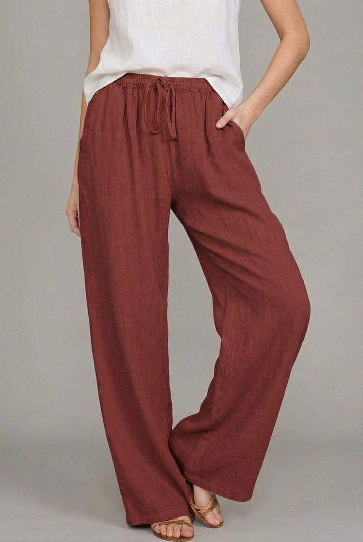 Effortless Linen Wide Leg Pants for Women with High Waist Drawstring Elastic Side Pocket Relaxed Style