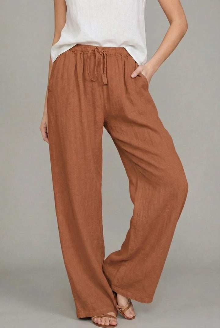 Effortless Linen Wide Leg Pants for Women with High Waist Drawstring Elastic Side Pocket Relaxed Style