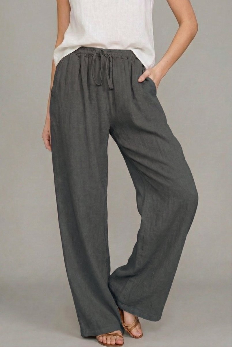 Effortless Linen Wide Leg Pants for Women with High Waist Drawstring Elastic Side Pocket Relaxed Style