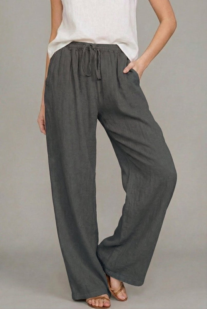 Effortless Linen Wide Leg Pants for Women with High Waist Drawstring Elastic Side Pocket Relaxed Style