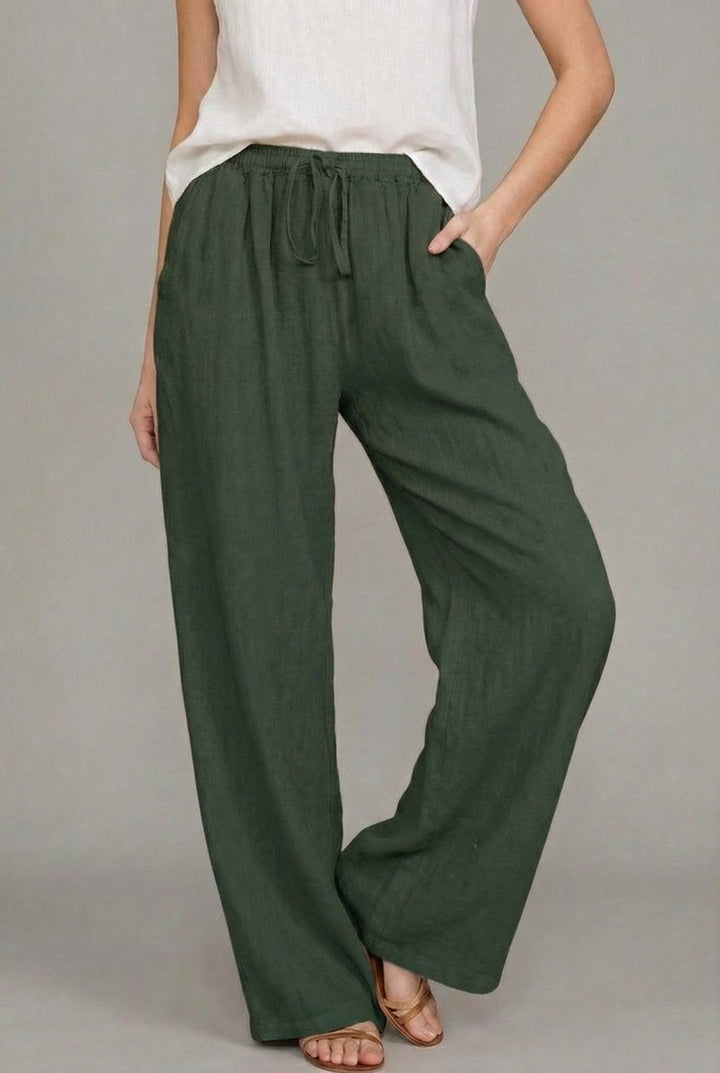 Effortless Linen Wide Leg Pants for Women with High Waist Drawstring Elastic Side Pocket Relaxed Style