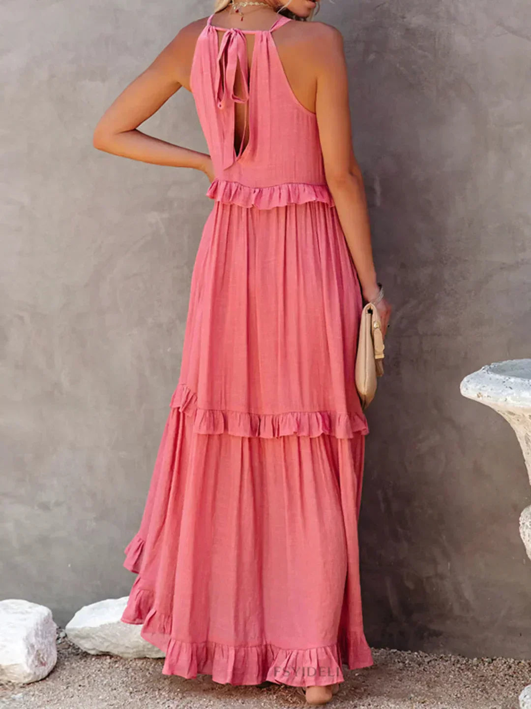 Elegant Tiered Chiffon Maxi Cocktail Dress for Women with Halter Neckline Ruffle Layers Flowing Skirt