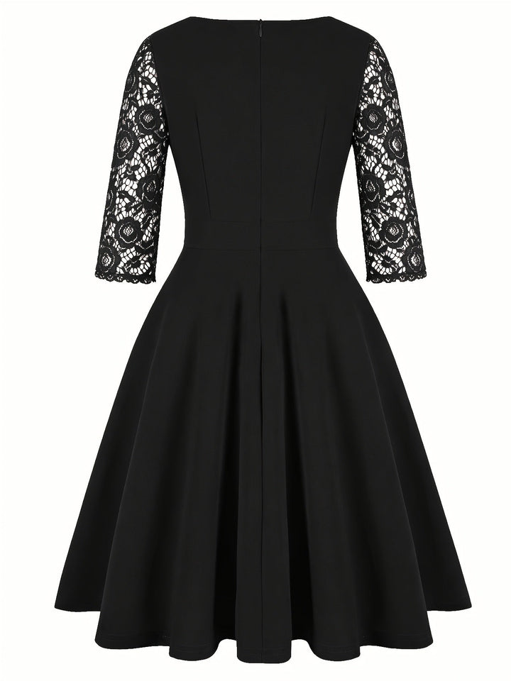 Elegant Lace Midi Dress for Women with Square Neck Three Quarter Sleeve Fit and Flare Cocktail Style