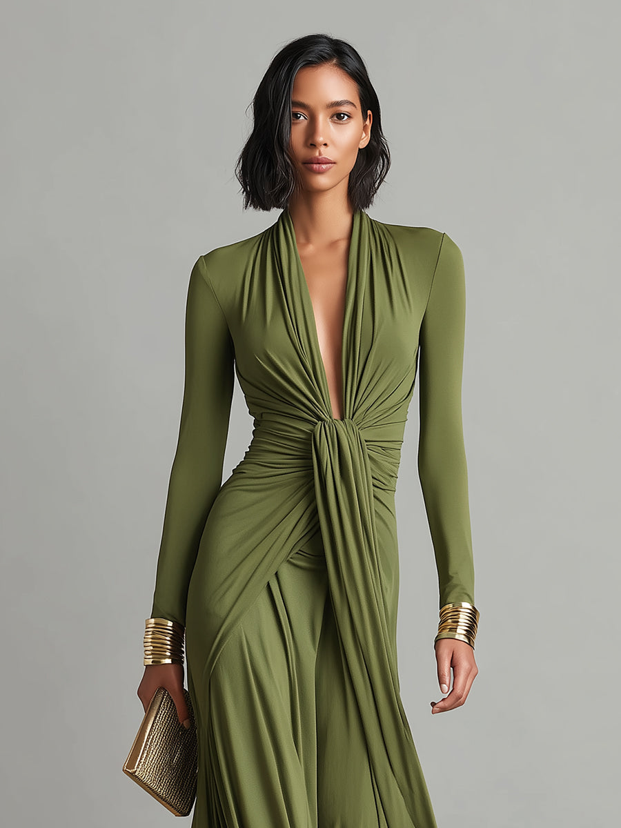Delilah | Green Dress for Women with Deep V Neck Twist Knot Ruched Long Sleeve Formal Maxi Style