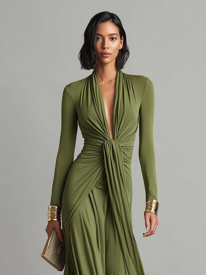 Delilah | Green Dress for Women with Deep V Neck Twist Knot Ruched Long Sleeve Formal Maxi Style