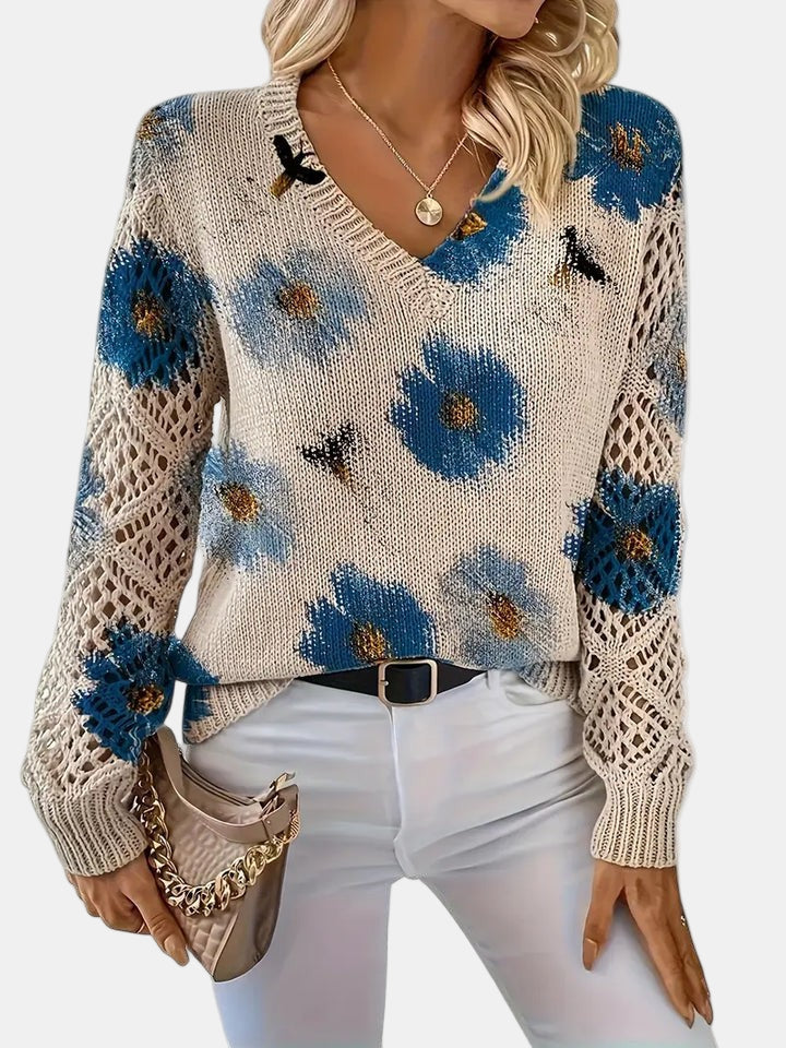 Comfortable Floral Crochet Sweater for Women with V Neck Long Sleeve Oversized Knit Style