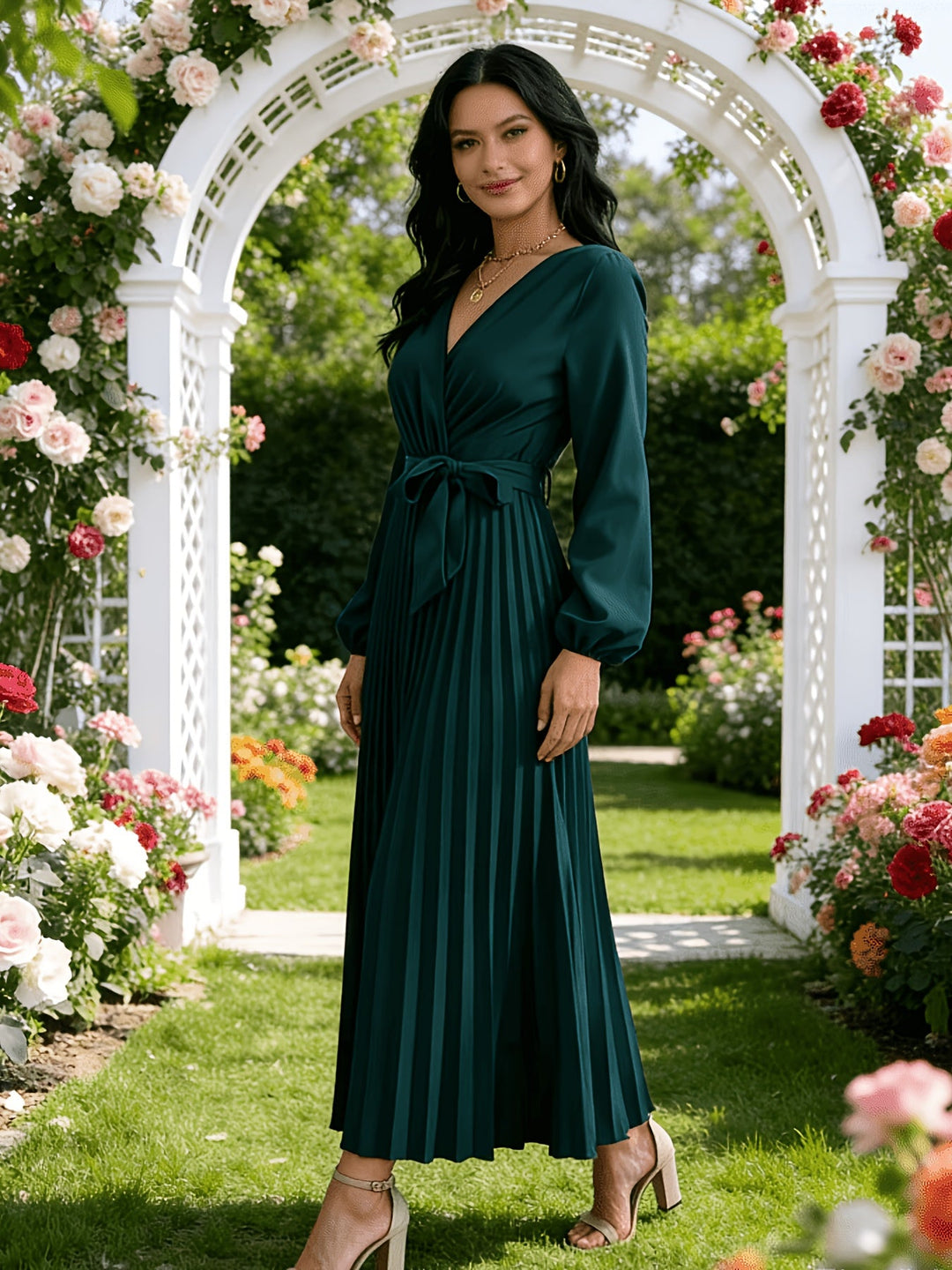Elegant Pleated Wrap Maxi Dress for Women with V Neck Long Sleeve Belted Flowing Style