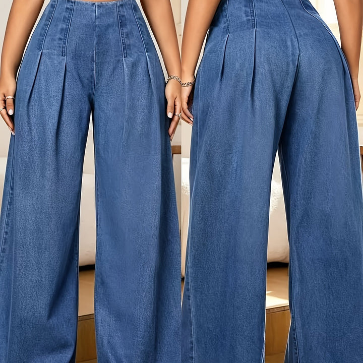 Women's Blue Denim Pleated Wide Leg Palazzo High Waisted Pants