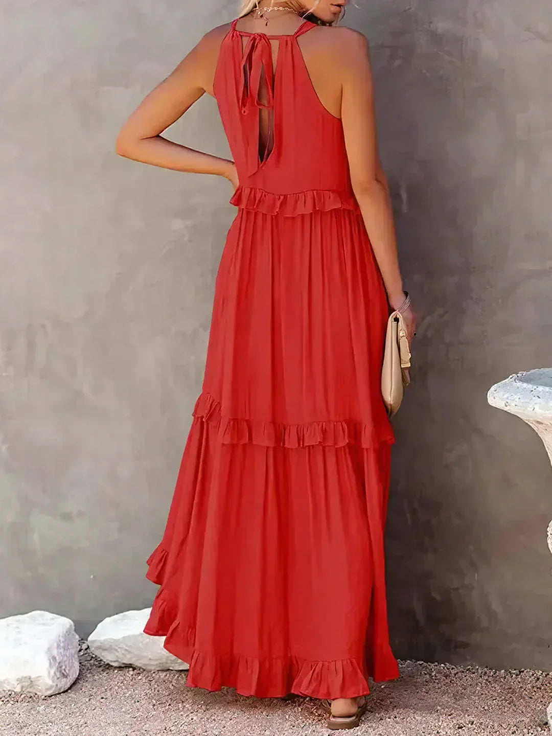 Elegant Tiered Chiffon Maxi Cocktail Dress for Women with Halter Neckline Ruffle Layers Flowing Skirt