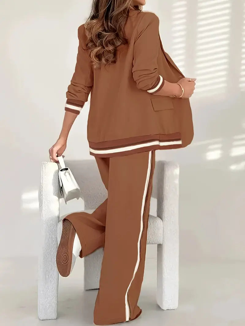 Elegant Two Piece Set for Women with Notch Lapel Blazer Striped Trim Wide Leg Pant Business Style