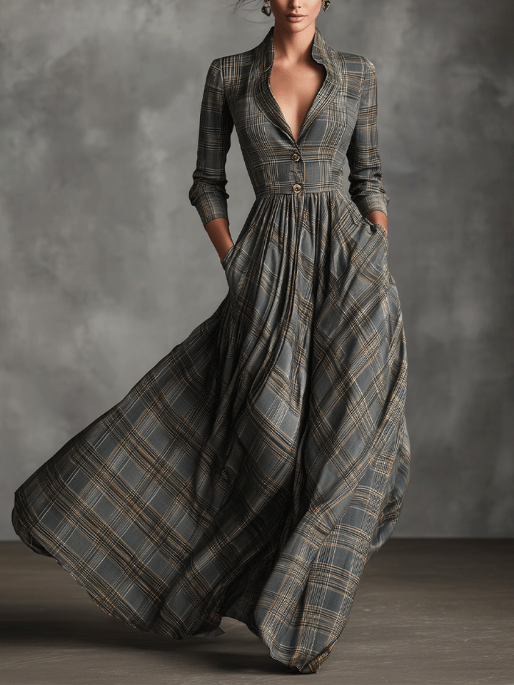 Fiona | Tartan Plaid Lapel Button Waist Flared Maxi Dress for Women