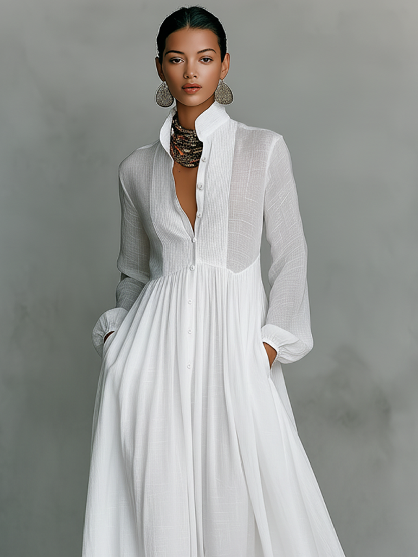 Lauren | Linen Stand Collar Pleated Maxi Dress for Women