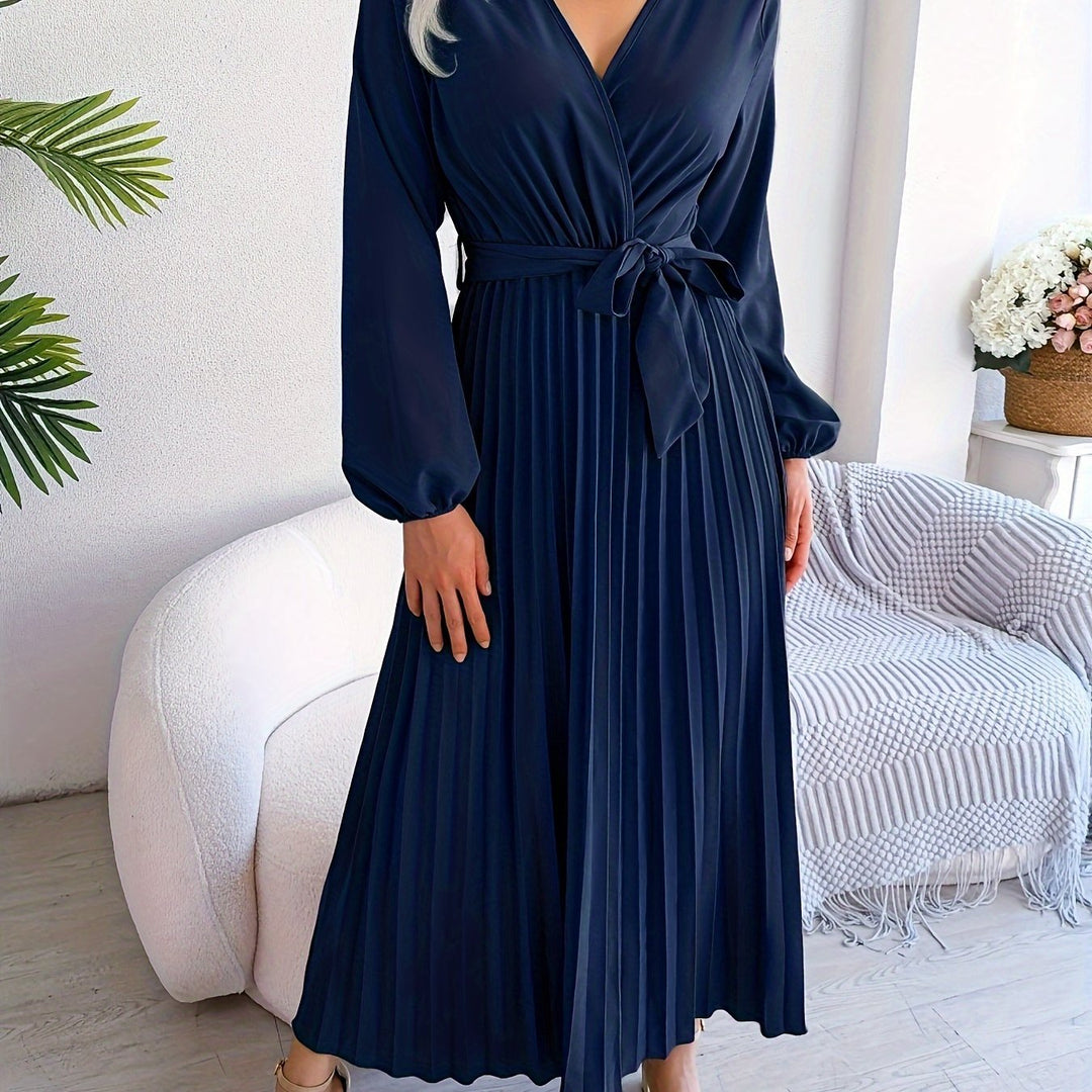 Elegant Pleated Wrap Maxi Dress for Women with V Neck Long Sleeve Belted Flowing Style