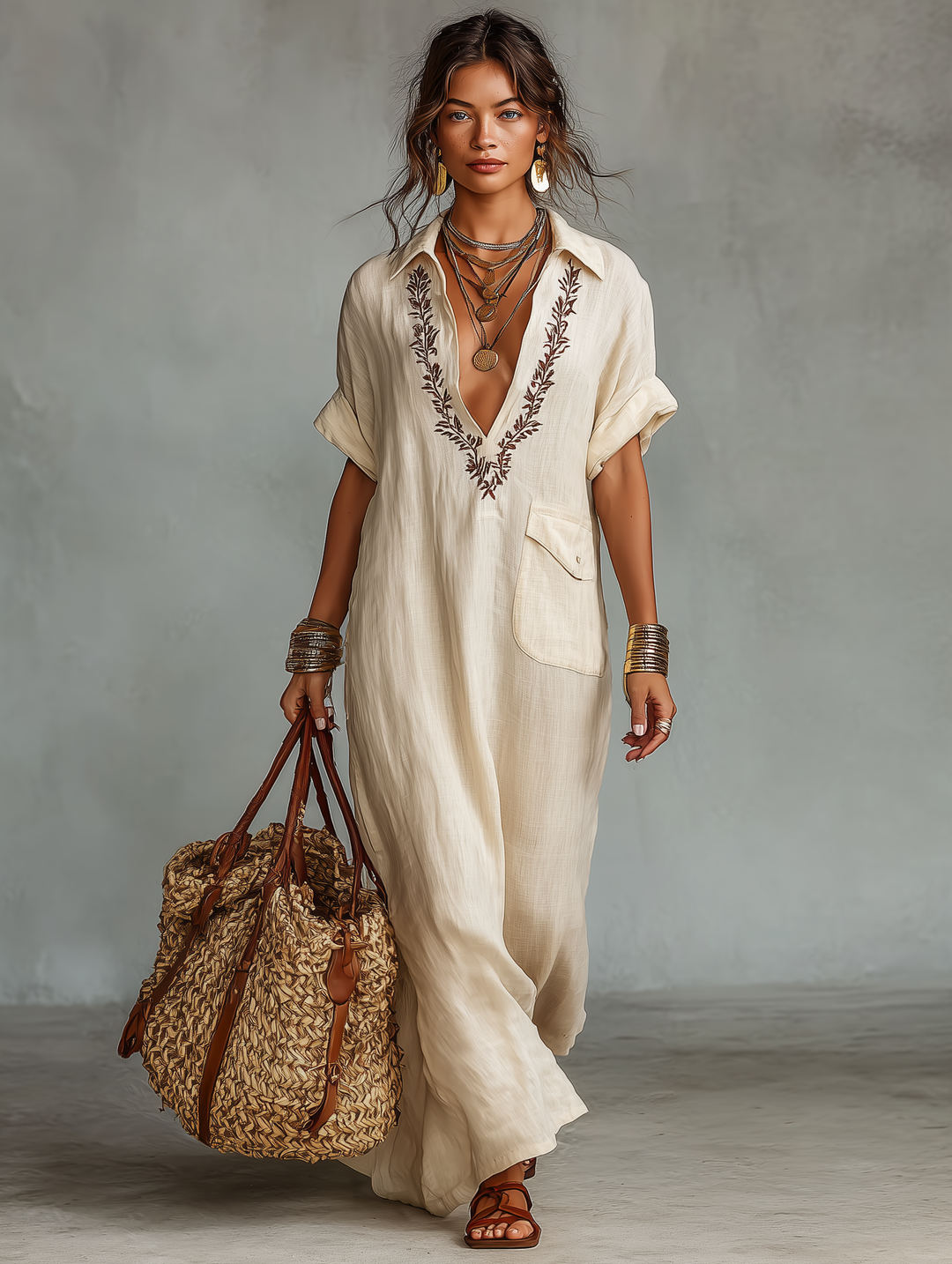 June | Beige Linen Embroidered V Neck Shirt Maxi Dress