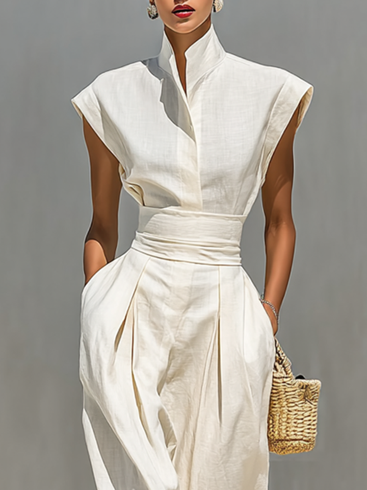 Sophia | Beige Cotton Lapel Cap Sleeve Belted Maxi Dress