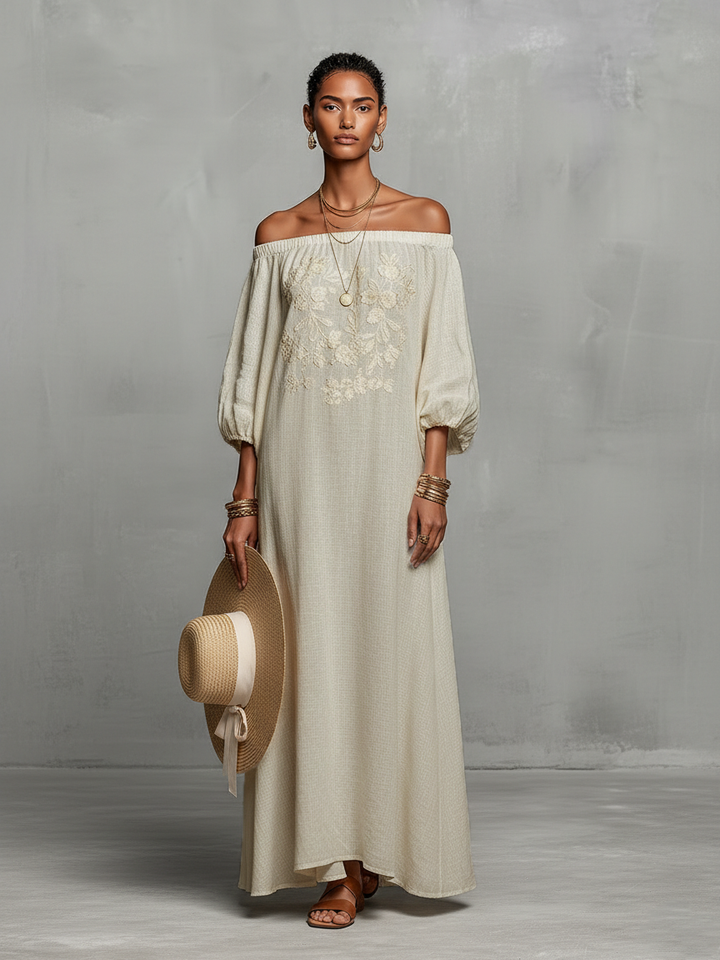 Roselyn | Off Shoulder Floral Embroidered Puff Sleeve Maxi Dress for Women