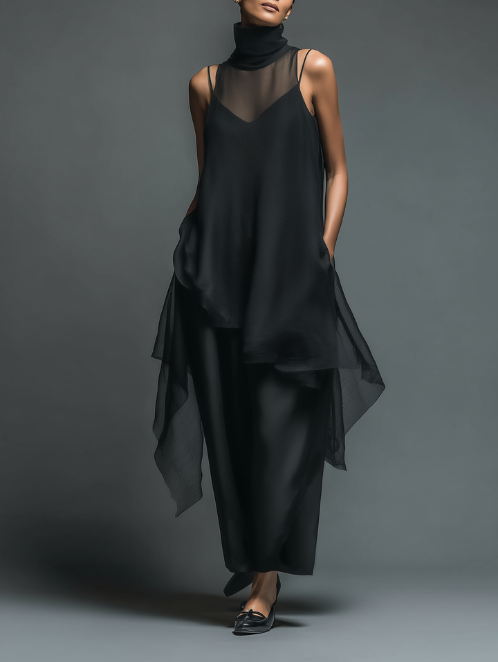 Noelle | Black Slip Dress for Women with Turtleneck Chiffon Overlay Spaghetti Strap Maxi Style