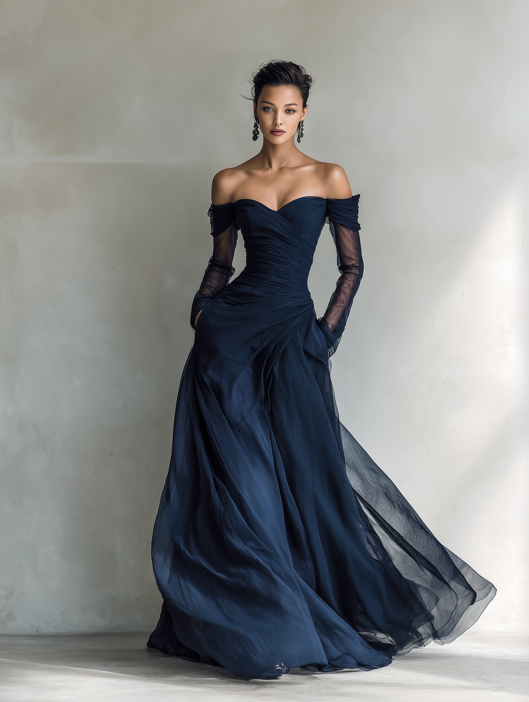 Serena | Formal Wedding Guest Dresses for Women Off Shoulder Sheer Sleeve Chiffon Maxi Style