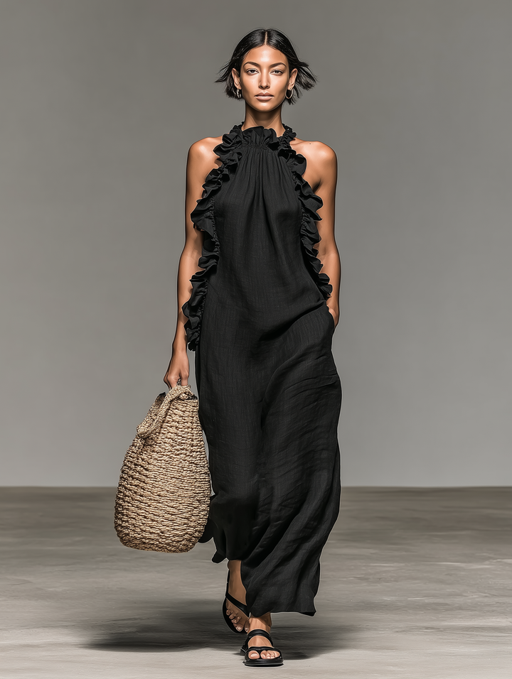 Jasmine | Linen Ruffle Halter Neck Sleeveless Maxi Dress for Women